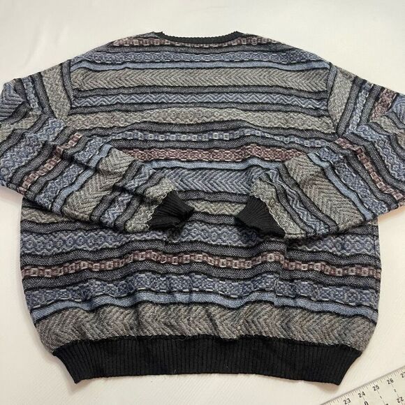 MFH Knits 100% Alpaca Men's Crewneck Sweater Size XXL Blue Gray Black Stripped - Picture 3 of 9
